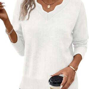 Cozy Women's V-Neck Pullover Sweater - Lightweight Long Sleeve Top in White